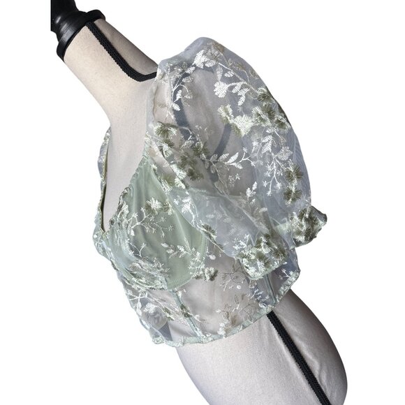 NWT Romwe Floral Embroidered Sheer Mesh Puff Sleeve Crop Top Green White XXL - Picture 3 of 4